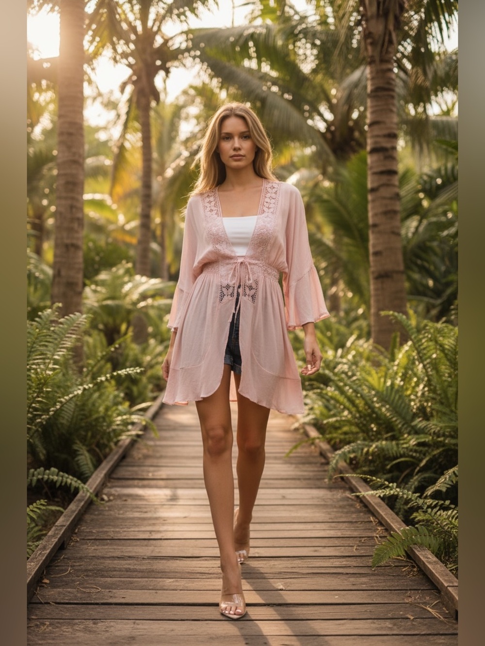 Dusty Pink Lace Embroidery Kimono Robe | Beach Summer Cover-Up